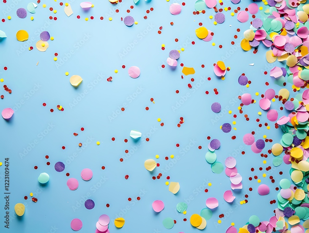 Multicolored confetti on a pastel blue background, flat lay top view, perfect for a vibrant party mood. Multicolored confetti on a pastel blue background, flat lay top view, perfect for a vibrant party mood.
