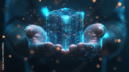3D wireframe hands presenting a glowing AI semiconductor hologram on a soft blue technology background, highlighting elegance, innovation, and minimalistic reflections.