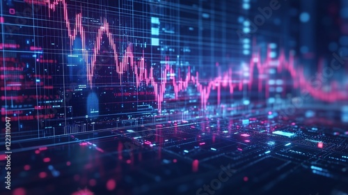Low-poly AI chip paired with glowing stock market candlesticks on a blue tech background, blending financial innovation with neon aesthetics and futuristic vibes.