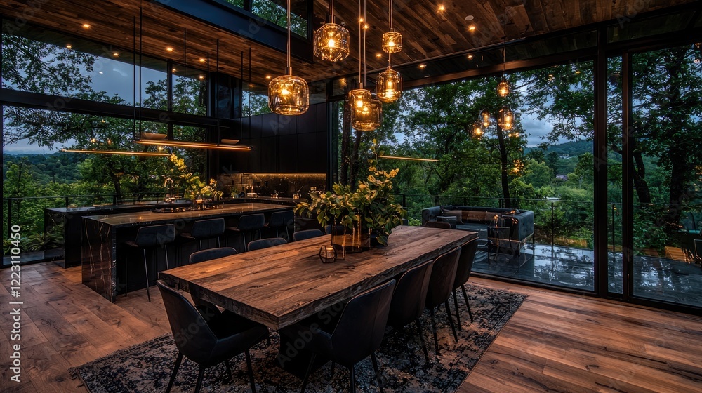 Modern kitchen & dining area with panoramic forest view, luxury home design Modern kitchen & dining area with panoramic forest view, luxury home design