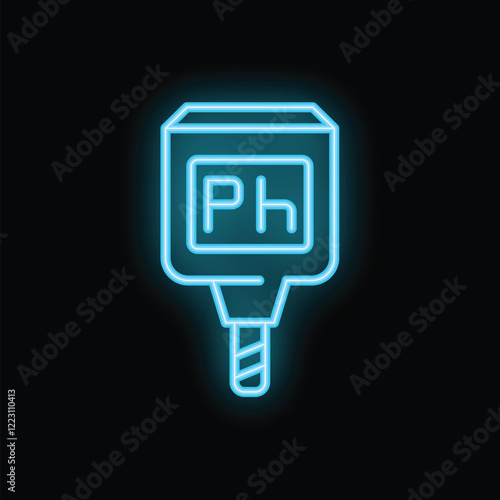 Glowing blue neon icon of a digital ph meter, used for determining the acidity or alkalinity of solutions