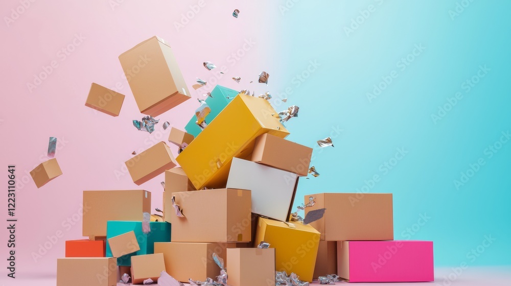 Flying cardboard boxes against a colorful background Flying cardboard boxes against a colorful background