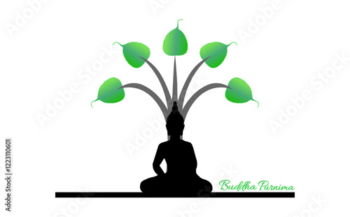 Illustration for Buddha Purnima featuring a meditating Buddha silhouette and Bodhi tree leaves