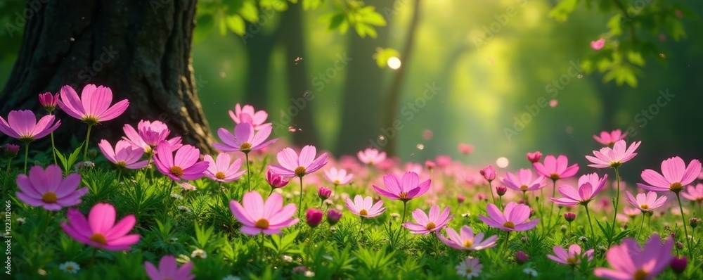 pink cosmos blooms scattered among emerald foliage and tree branches, landscape, nature, flowers pink cosmos blooms scattered among emerald foliage and tree branches, landscape, nature, flowers