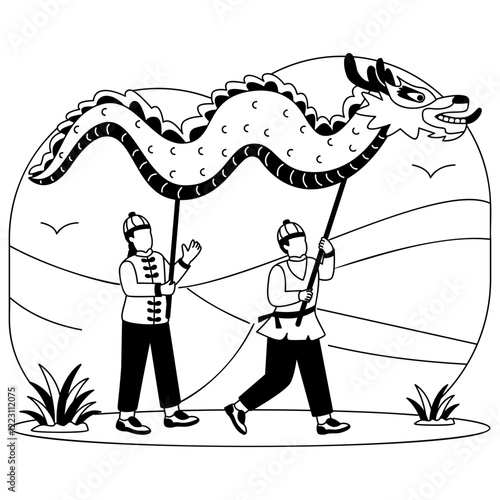 Cultural Performances limbless reptile vector design, Chinese New Years Beginnings scene Zodiac Wood Snake 2025 banner China Spring Festival illustration, Legendary snake dance being performed concept