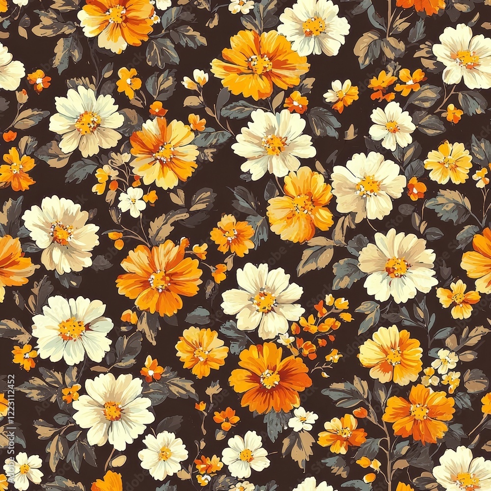 Charming Floral Pattern with Dainty Daisies and Leaves in Warm Autumn Tones Across Chocolate Brown Background Charming Floral Pattern with Dainty Daisies and Leaves in Warm Autumn Tones Across Chocolate Brown Background