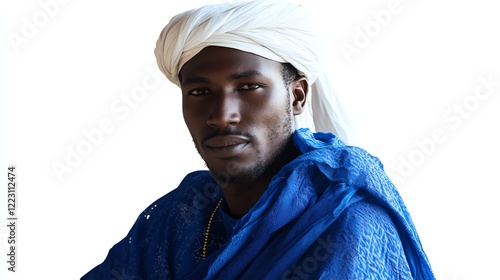 Portrait of a man wearing traditional clothing with a white background.