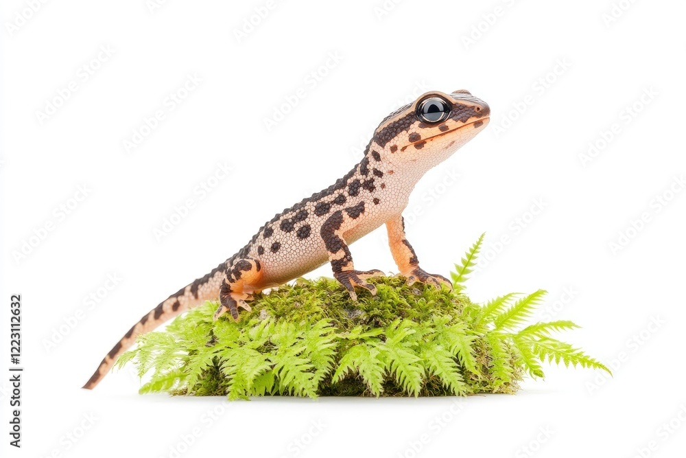 Obraz premium A spotted gecko perched on lush green moss surrounded by vibrant ferns in a serene setting