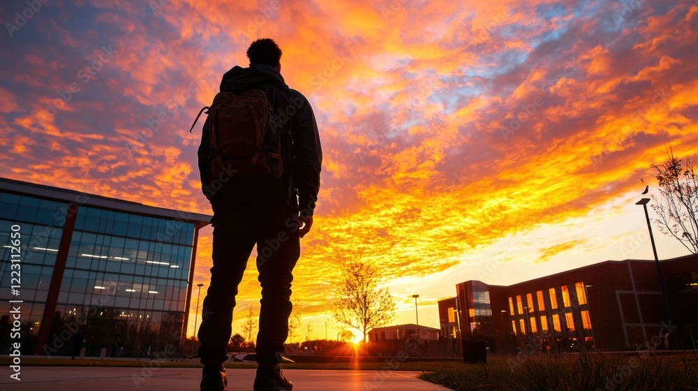 Fototapeta premium Student Standing Before University Building at Sunset with Colorful Sky