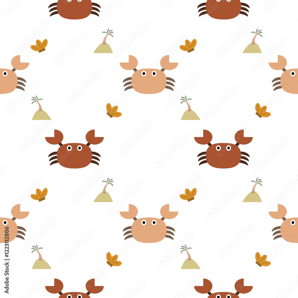 Naklejka premium Crab cartoon so cute. On shell island white background. Pattern seamless vector illustration. 