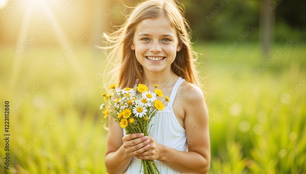 Fototapeta premium Smiling Blonde Girl Holding Wildflowers in Sunny Summer Meadow