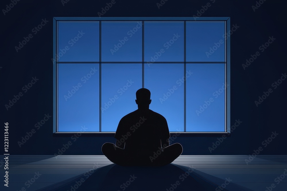 Silhouette of a Person Meditating in a Dark Room Surrounded by Tranquil Blue Light from Large Window at Dusk Reflecting Serenity and Inner Peace Silhouette of a Person Meditating in a Dark Room Surrounded by Tranquil Blue Light from Large Window at Dusk Reflecting Serenity and Inner Peace