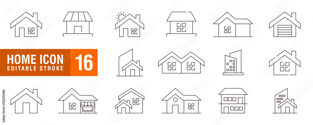 Home icon set, line style, editable stroke. Home icon set, line style, editable stroke.