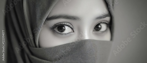 A close-up of a beautiful woman in a hijab, jilbab, and niqab, with only her stunning eyes visible. photo