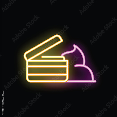 Neon glowing icon of an open food container with whipped cream on a dark background