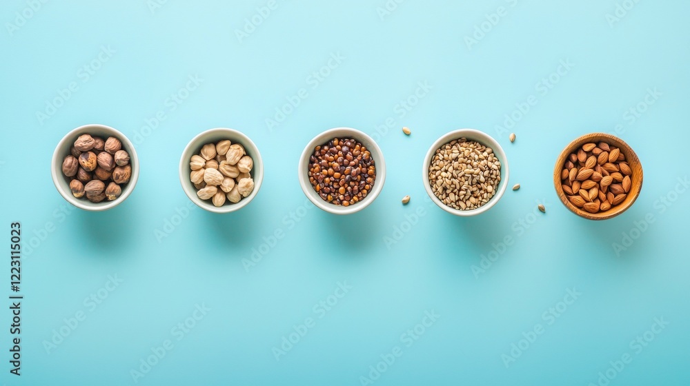 Minimalist arrangement of nuts in bowls on a pastel blue background Minimalist arrangement of nuts in bowls on a pastel blue background