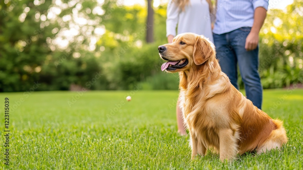 Happy Golden Retriever Sitting on Grass with Owners in Background Happy Golden Retriever Sitting on Grass with Owners in Background