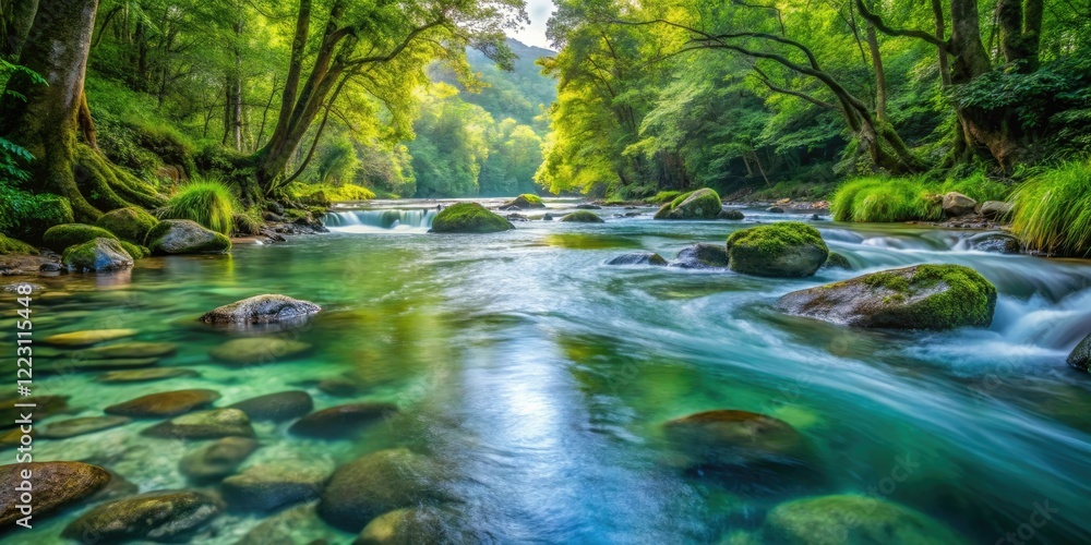 Close-up shot of a crystal clear river flowing through a lush forest, water, foliage Close-up shot of a crystal clear river flowing through a lush forest, water, foliage