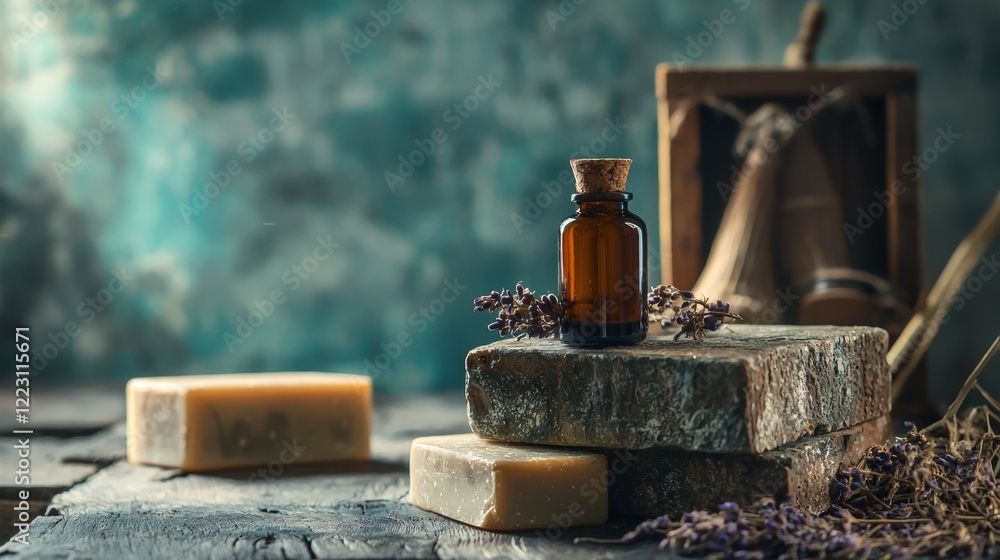 Rustic wooden setup with essential oil bottles and herbs Rustic wooden setup with essential oil bottles and herbs