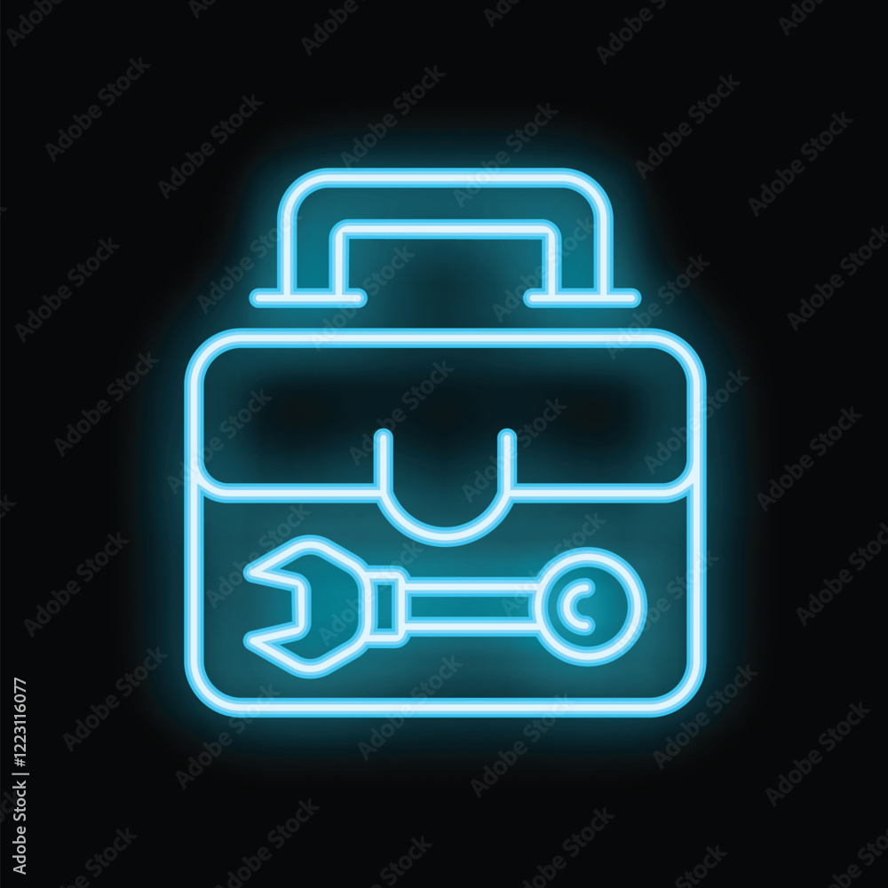 Neon blue toolbox icon is glowing against a black background, suggesting concepts of repair and maintenance Neon blue toolbox icon is glowing against a black background, suggesting concepts of repair and maintenance