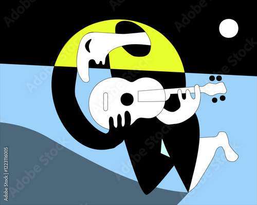 Image of a man with a guitar.BluesGuitar, Serenade, Melody, Rhythm,  Improvisation, Inspiration, Song, 