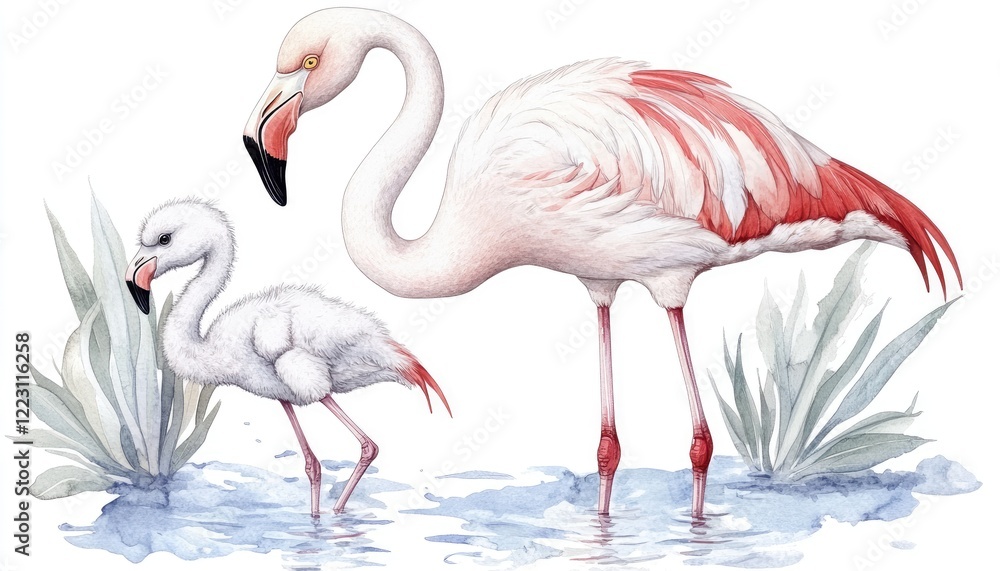 Two flamingos, one adult and one chick, wading through shallow water surrounded by foliage Two flamingos, one adult and one chick, wading through shallow water surrounded by foliage
