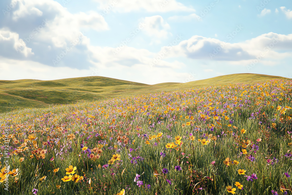 Obraz premium A picturesque landscape showcasing a vibrant field of wildflowers under a blue sky, with gently rolling hills in the background, perfect for nature lovers.