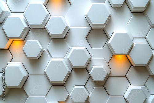 A modern hexagonal pattern featuring white panels with soft lighting. This stylish design is perfect for backgrounds, wallpapers, or digital artwork. photo