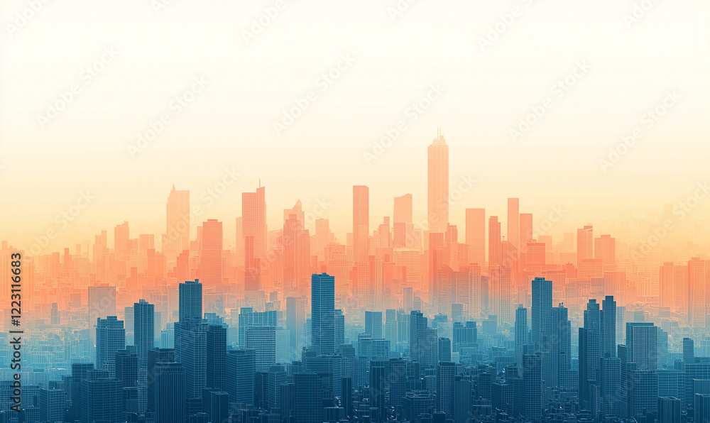 City skyline at sunset with a gradient of orange and blue hues. City skyline at sunset with a gradient of orange and blue hues.