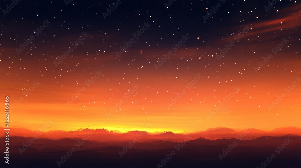 Vibrant sunset over serene mountain range with starry sky Vibrant sunset over serene mountain range with starry sky