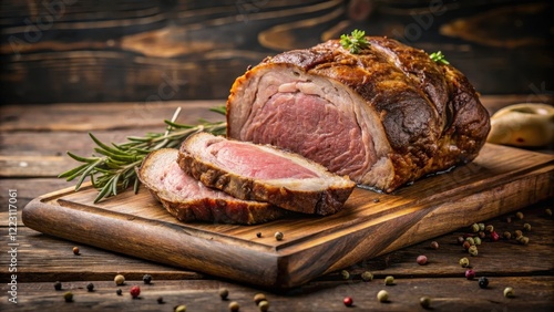 A perfectly cooked prime rib roast with a golden-brown crust, sliced into thick pieces on a rustic wooden cutting board photo