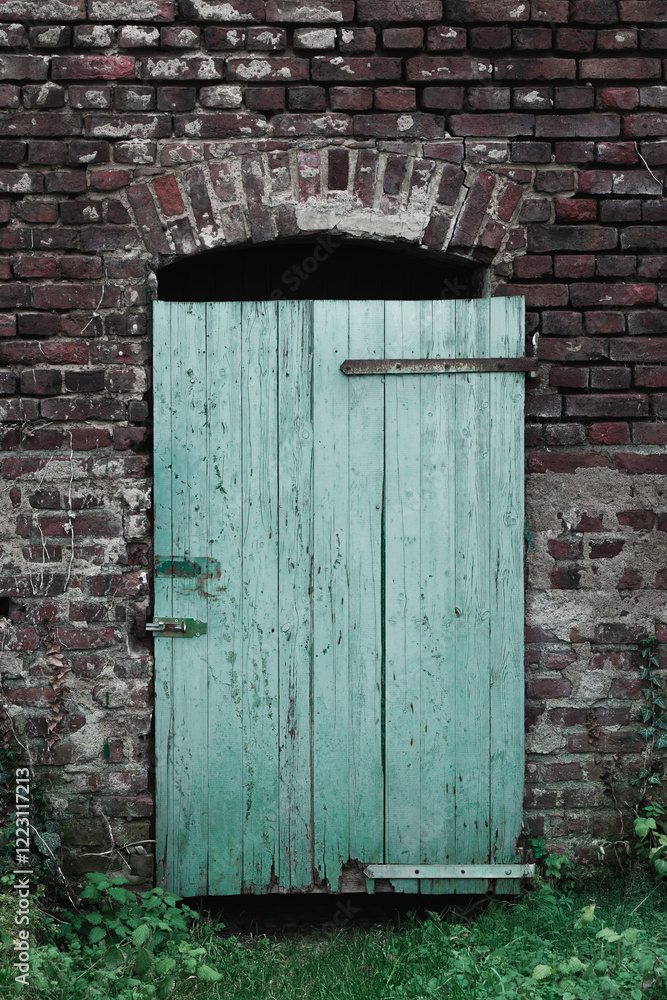 Wooden door in an old brick wall. Wooden door in an old brick wall.