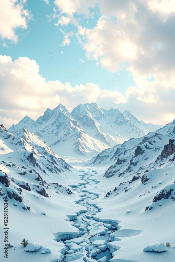Obraz premium snowy mountain landscape with a stream of water in the middle