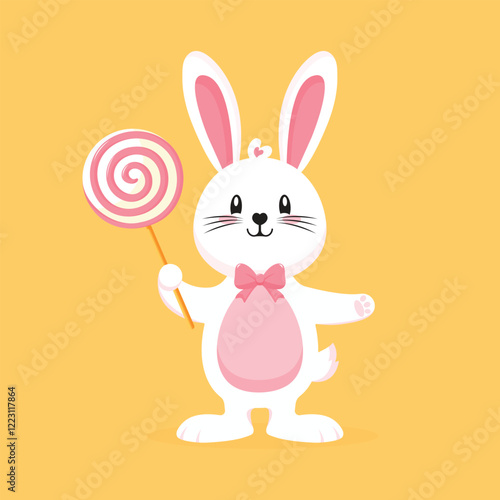 Cute cartoon bunny with lollipop isolated flat vector illustration