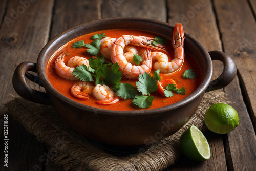 Traditional Tom Yum Goong with bold red broth, cilantro leaves, shiny prawns, lime slices, and a rustic wooden table setting photo