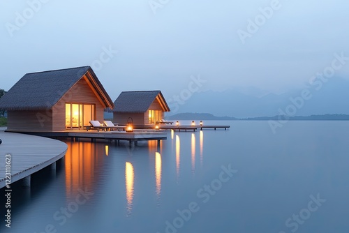 Serene lakeside view of modern wooden cabins at twilight, illuminated by soft lights, surrounded by mountains