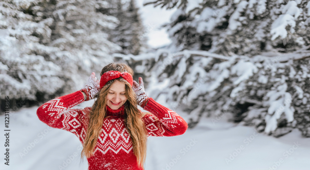 Happy Smiling Woman in Snowy Winter Forest
