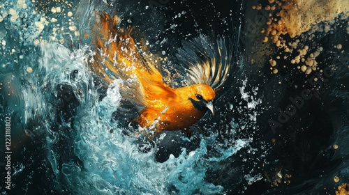 Goldfish leaping dramatically through splashing water photo