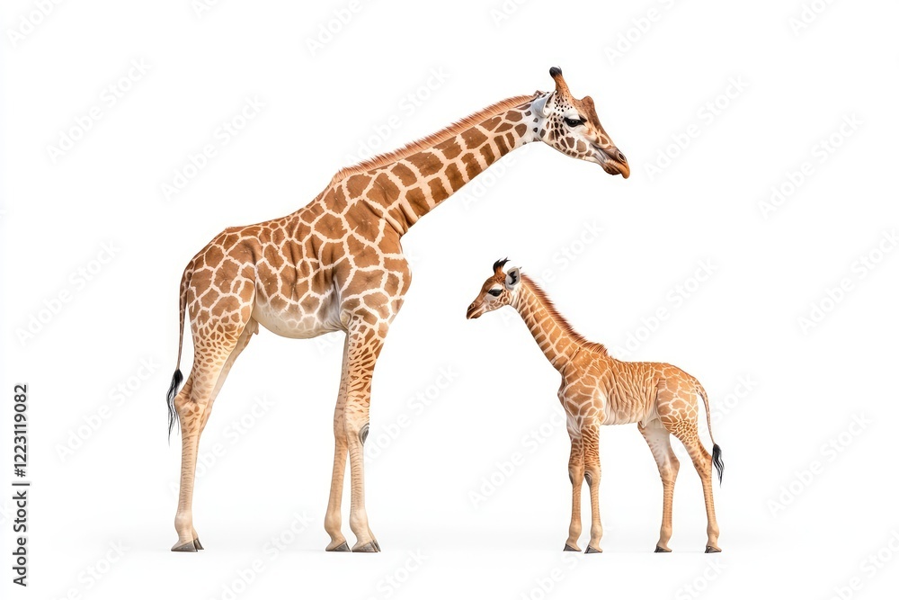 Obraz premium Adult and baby giraffe standing together against a plain background, showcasing their unique patterns