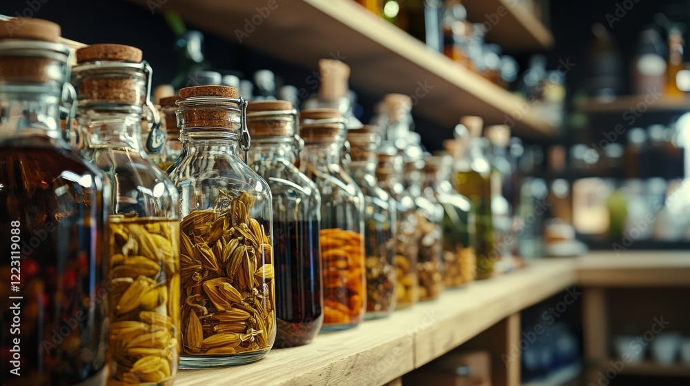 Rows of spice jars in a warm and cozy kitchen setting Rows of spice jars in a warm and cozy kitchen setting