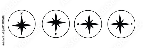 Compass icon. Nautical compass for travel with sign of north, south, west, east. Set of logo for map and navigation. Symbol of direction. Arrow, dial for orientation of latitude, longitude. Vector