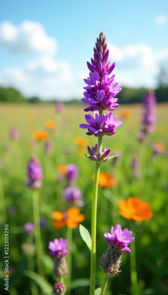 Purple prairie verbena in a field with other wildflowers, sky, verbena, landscape Purple prairie verbena in a field with other wildflowers, sky, verbena, landscape