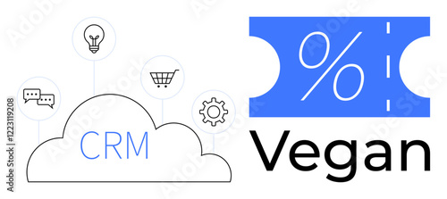 Cloud-based CRM with icons for messaging, ideas, shopping, and settings alongside a blue discount ticket and the word Vegan. Ideal for business management, customer relationships, e-commerce