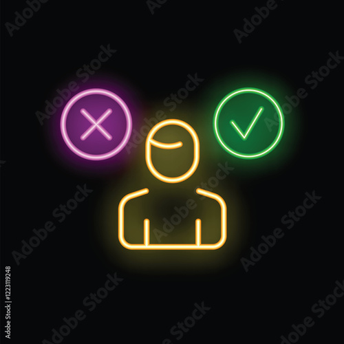 Neon icon of person deciding between right and wrong answer, making important choice or vote