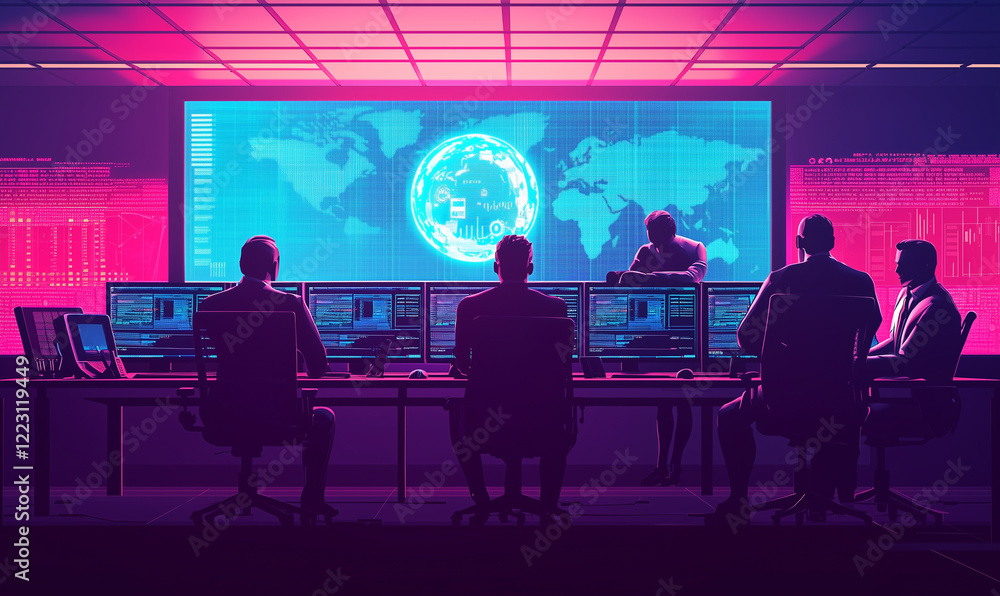 Cybersecurity operations command control room digital environment high-tech nighttime strategic analysis for global safety Cybersecurity operations command control room digital environment high-tech nighttime strategic analysis for global safety