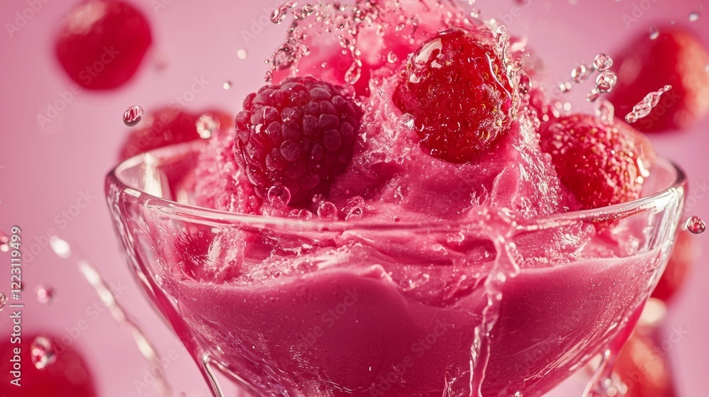 Refreshing pink drink with raspberries and ice splashes Refreshing pink drink with raspberries and ice splashes