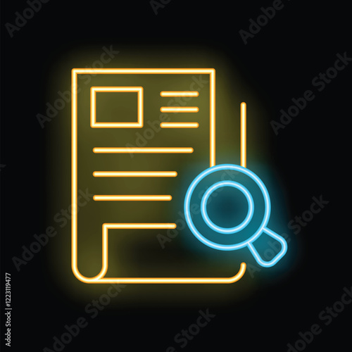 Glowing neon icon of a magnifying glass examining a document, representing the concept of fact checking and verification