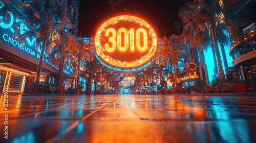 Neon Cityscape Illuminates Nighttime Street With Year 3010 Sign photo