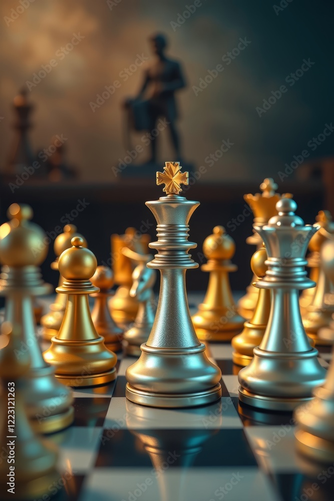 chess pieces on a chess board with a statue in the background chess pieces on a chess board with a statue in the background