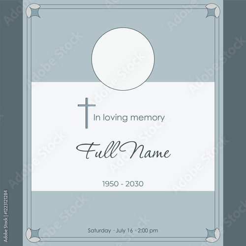 Card template funeral with round photo frame across. Minimal vector illustration with gray green tones for condolence card